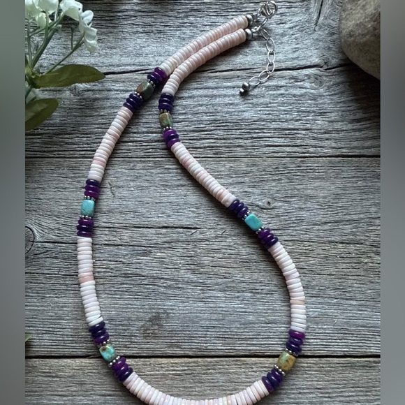 Southwestern Sterling Silver Pink Conch Multi Stone Bead Necklace. 18 Inch - Picture 2 of 12